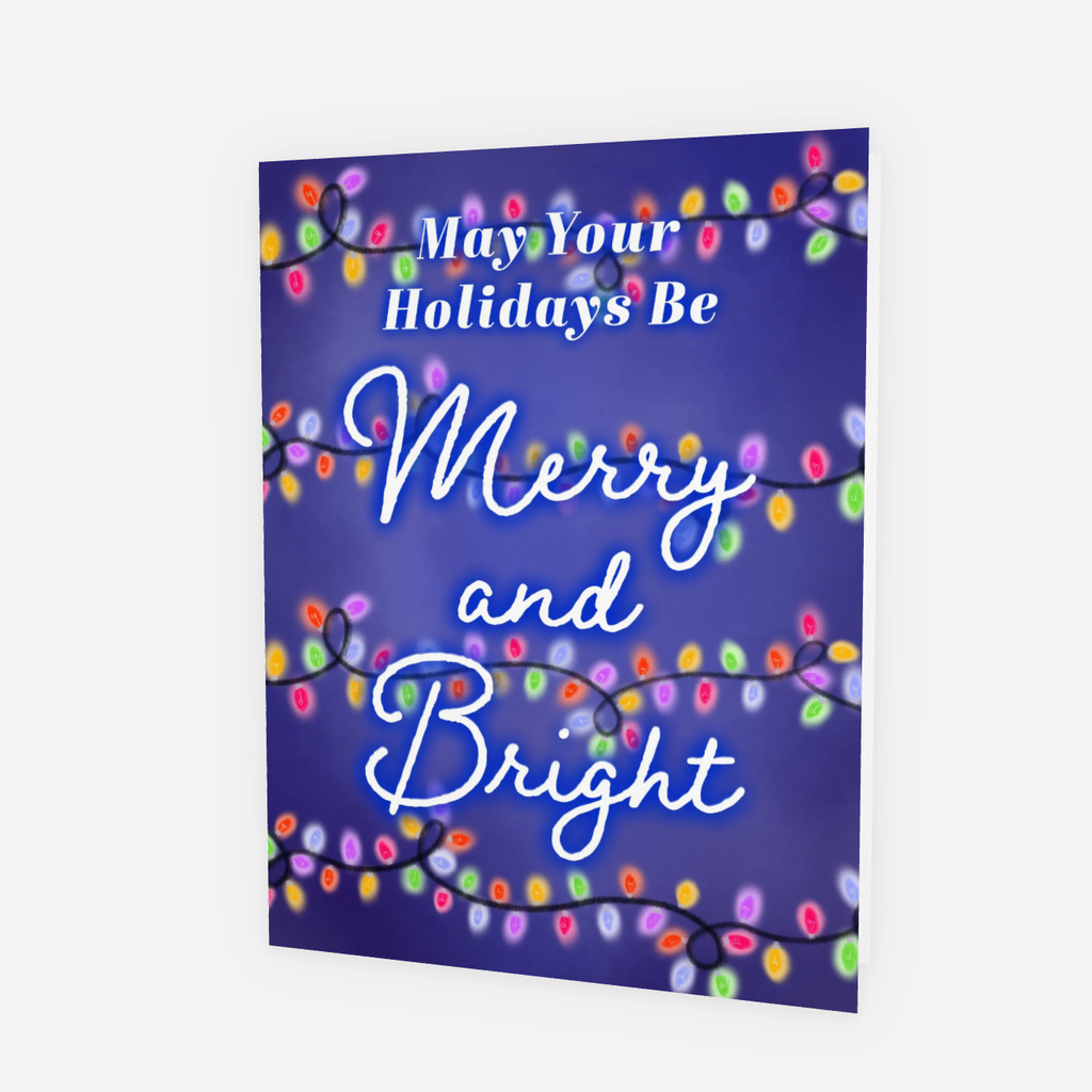 Holiday card with colorful lights and text 'May Your Holidays Be Merry and Bright' on a purple background