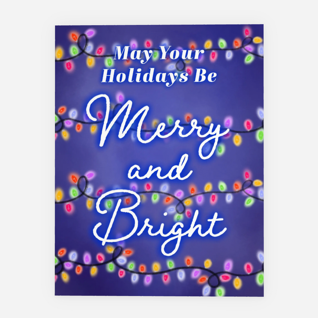 Holiday card with colorful lights and text 'May Your Holidays Be Merry and Bright' on a purple background.