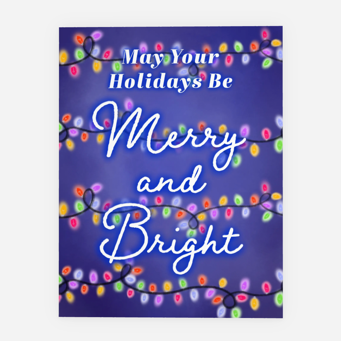 Holiday card with colorful lights and text 'May Your Holidays Be Merry and Bright' on a purple background.