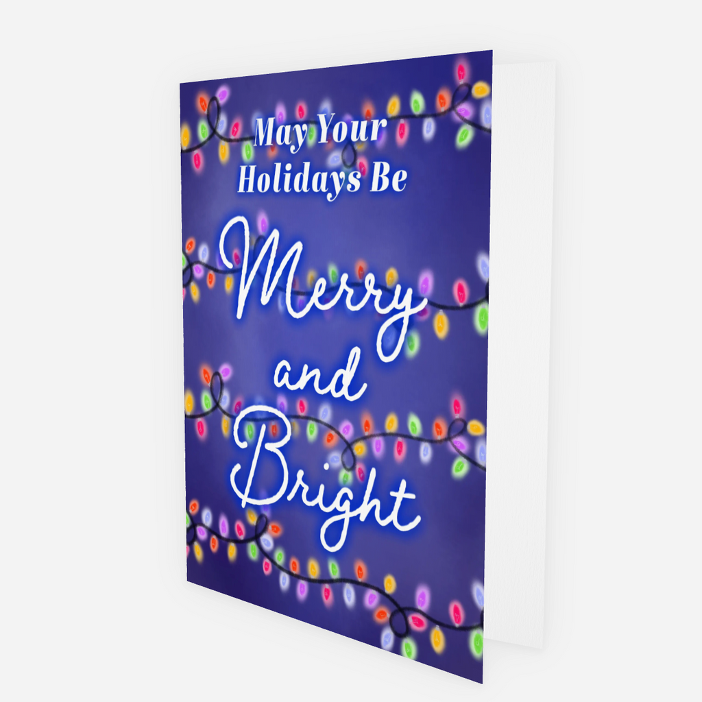 Holiday card with colorful lights and text on a white background